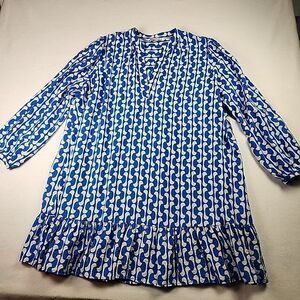 ZARA Long Sleeve Geometric Ruffle Mini Dress V Neck The Paula Blue White XL